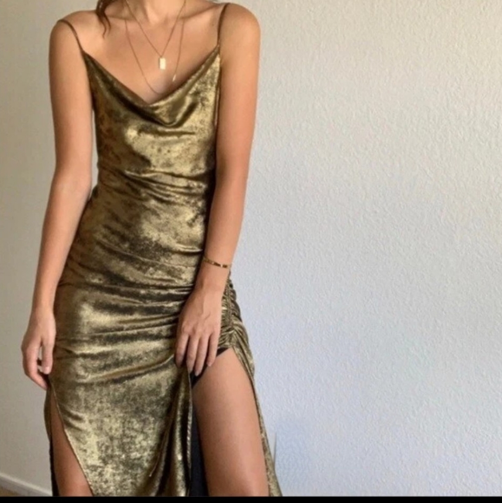 ZARA sz. S Golden Lingerie-style Metallic Midi Dress Cowl Neck BLOGGER FAVORITE